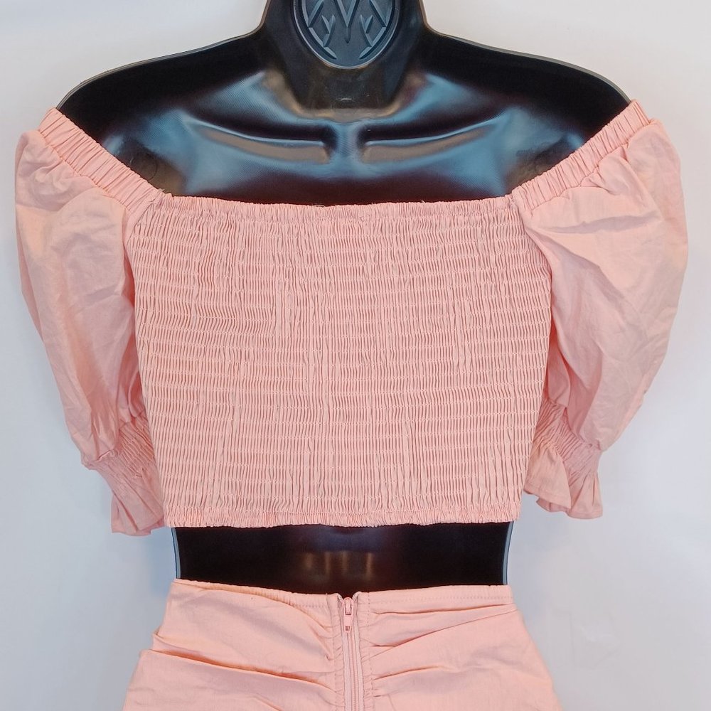 Privy WMN'S Sz L Ruched Smock 2 Piece Skirt Set Crop Puff Sleeve Ruffle Stretch - Picture 10 of 12